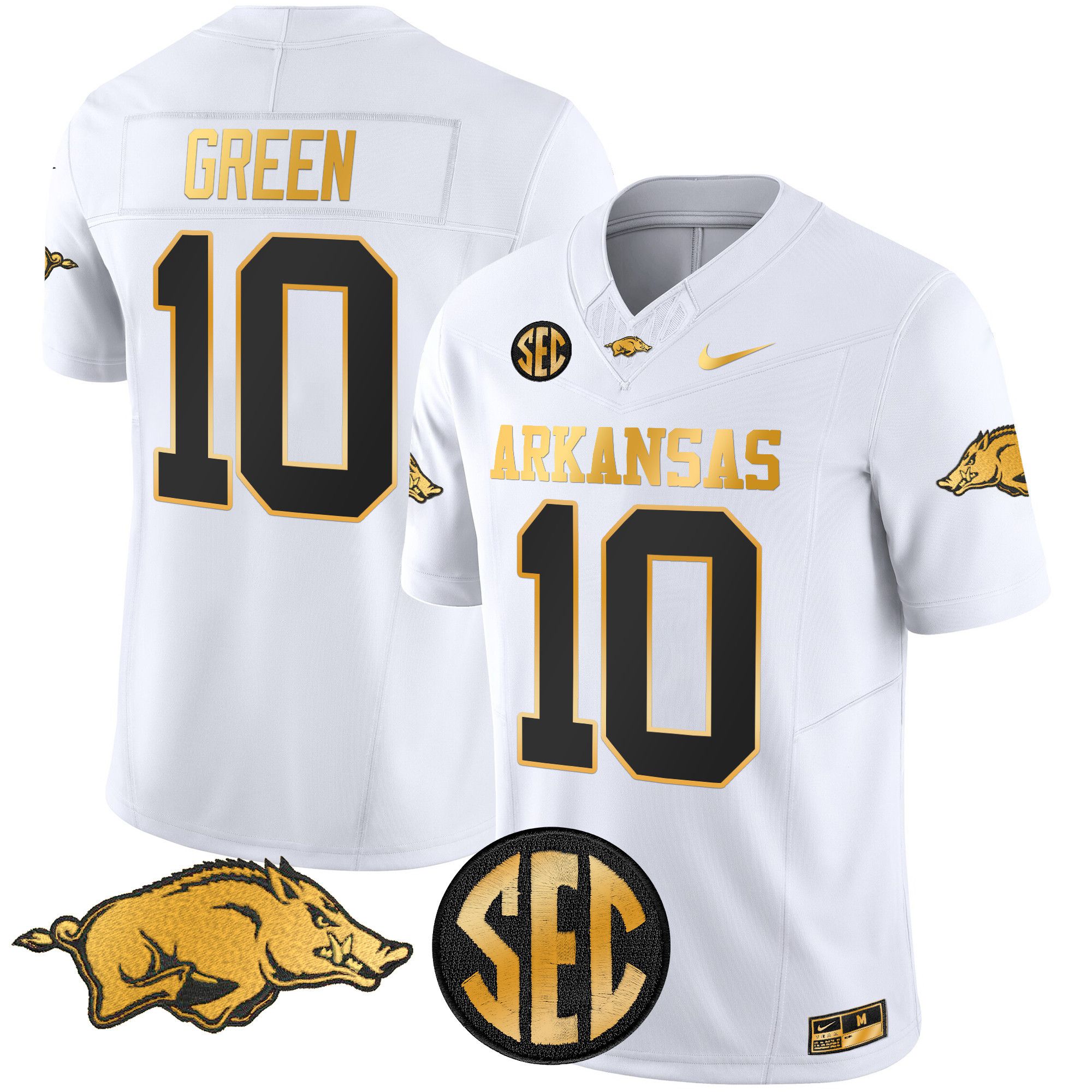 Men Arkansas Razorbacks #10 Green White Nike 2024 Gold Vapor Limited NCAA Jersey